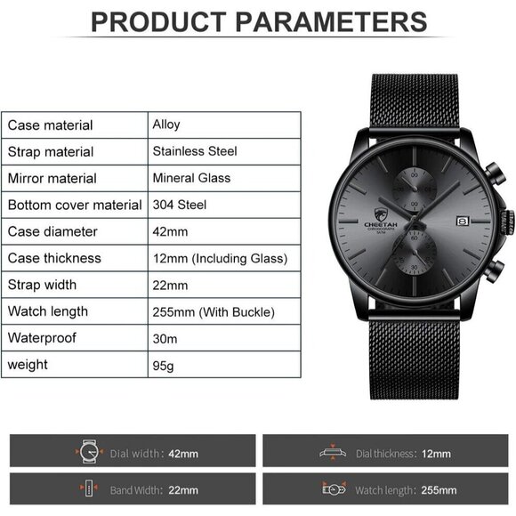 Men Black Fashion Sleek Minimalist Quartz Analog Mesh Stainless Steel Watches - Picture 5 of 7